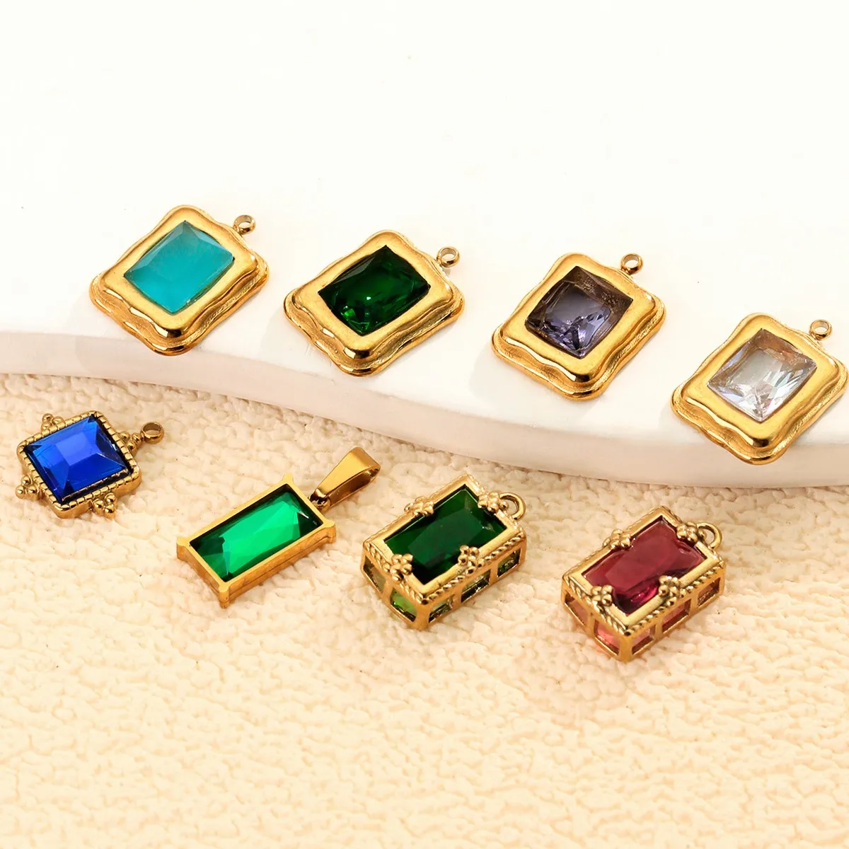 Stainless Steel Colored Gemstone Rectangular Emerald Style Pendant, DIY Necklace Jewelry Charm, Color-Keeping Steel Jewelry Gift