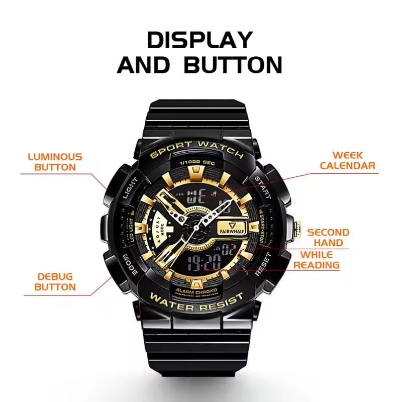 マーク・フェアホエール 4300 ファッション メンズ 電子腕時計 夜光 カレンダー 防水 耐衝撃 スポーツ カジュアル デジタル腕時計 男性用