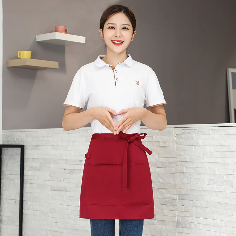 Kitchen Apron Universal Unisex Ladies Kitchen Cooking Short Apron Waiter Double Pocket Restaurant Bakery Nail Studio
