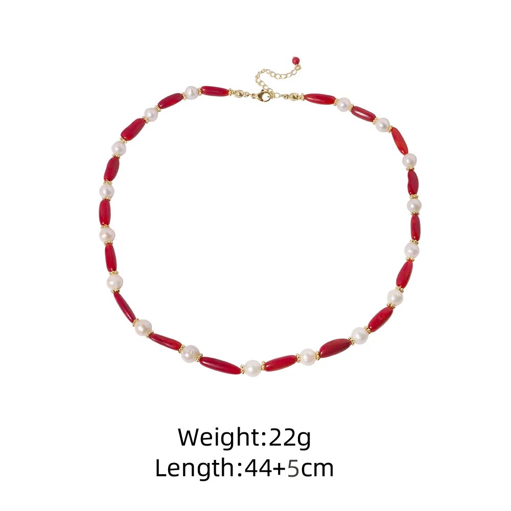 Red Coral Pearl Necklace 18K Gold Plated Copper Chain, Natural Jewelry with Freshwater Pearls, Hypoallergenic Gift for Women