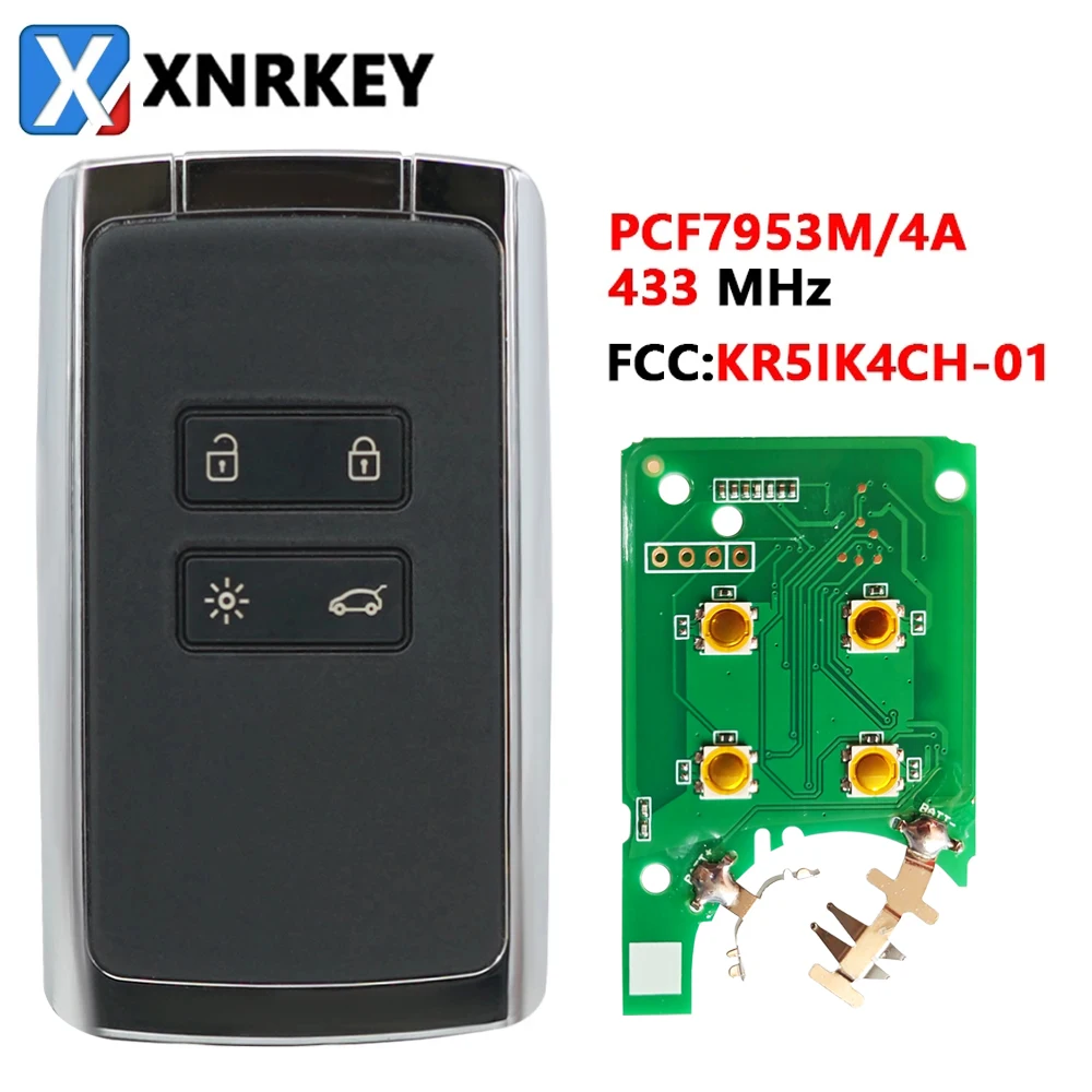 XNRKEY 4 Button Keyless Go Entry Key PCF7953/4A Chip 433Mhz for Renault Megane 4 Talisman Espace 5 Kadjar Koleo Remote Car Key