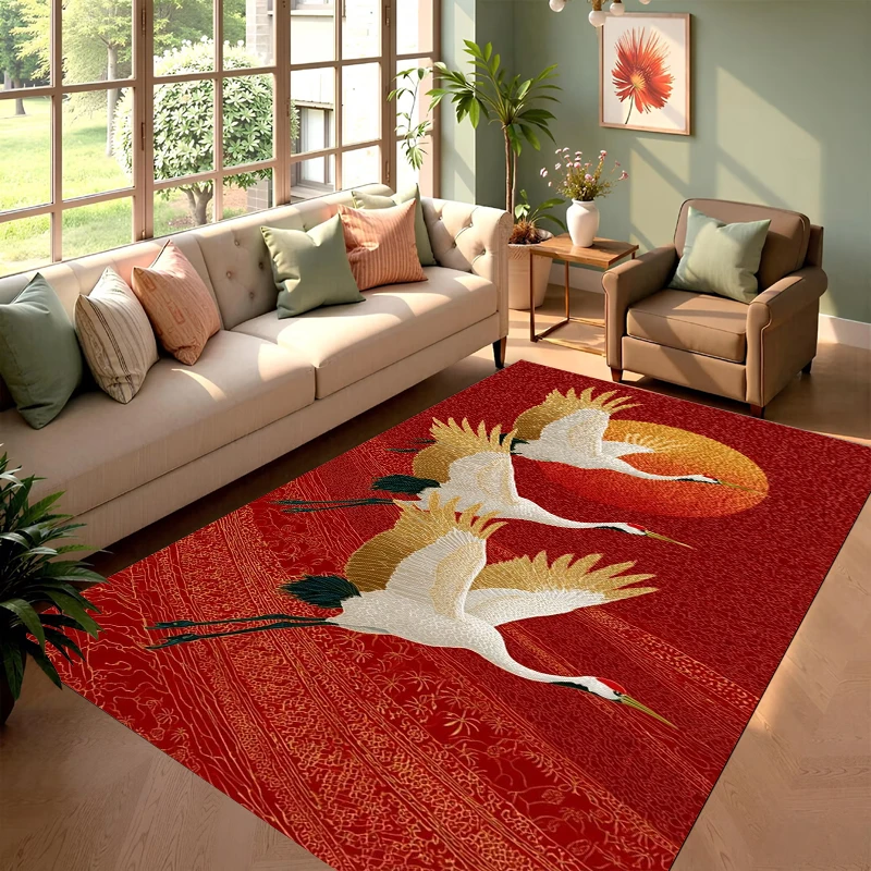 Red Crane Swirl Area Rug Traditional Japanese Ukiyo-e Inspired Pattern Stain Resistant Carpet for Living Room Bedroom Entryway
