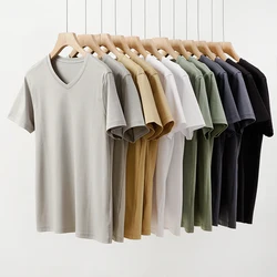 Summer Men Mulberry Silk Mercerized Cotton T Shirt V-neck Loose Short Sleeve Basic T-shirts 7%Silk