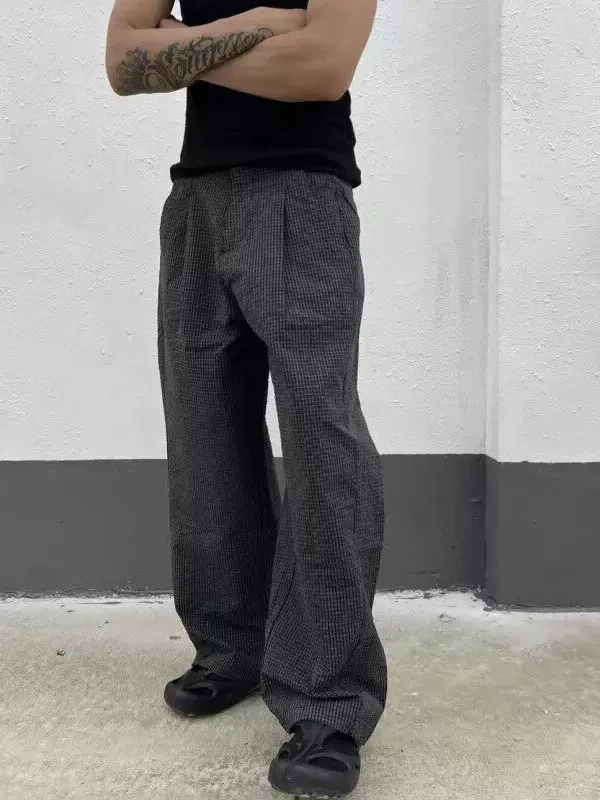 

Vintage Plaid 3D Tailored A-Line Long Trousers Men's Double Pleat Wide Leg Casual Commuter Pants Loose Fit Straight Leg Summer