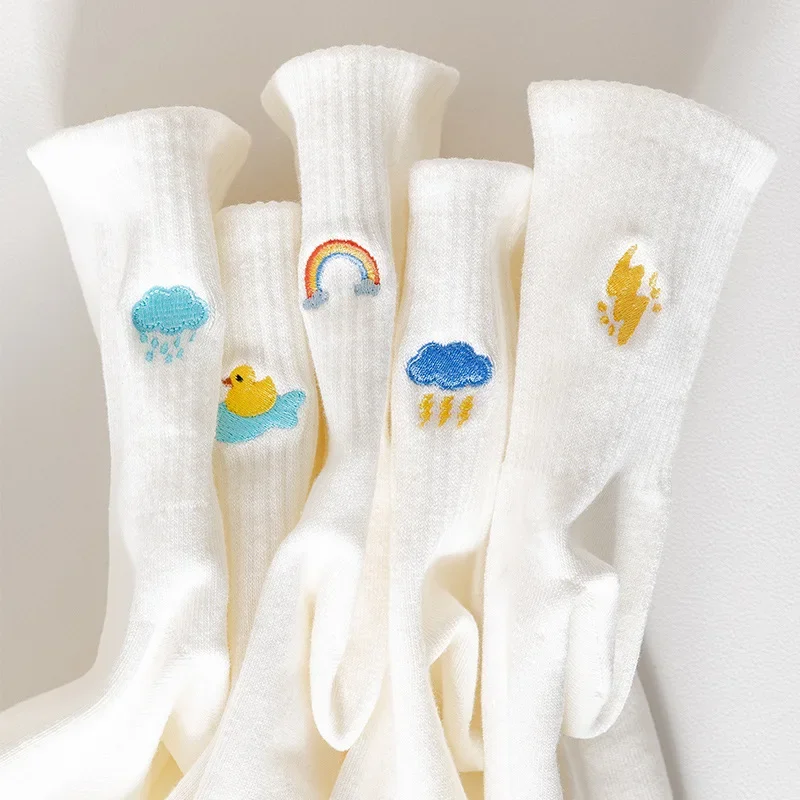 Spring and Summer Embroidery Thin Style Cute Rainbow White Embroidered Weather Cotton Socks Women's Mid-tube Socks Calcetines