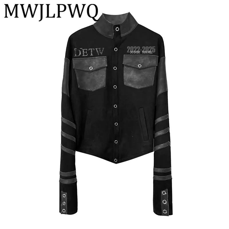 

MWJLPWQ Niched Dark Splicing Высококачественная кожаная короткая тонкая куртка для мужчин High Street с принтом унисекс Повседневные топы Tide 11774