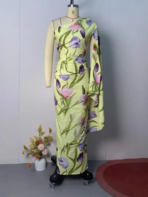 

Summer Slant Neck Irregular Wrinkle Dress 2025 Women's Elegant Flower Print Single Shoulder Cape Sleeve Wrapped Hip Dress