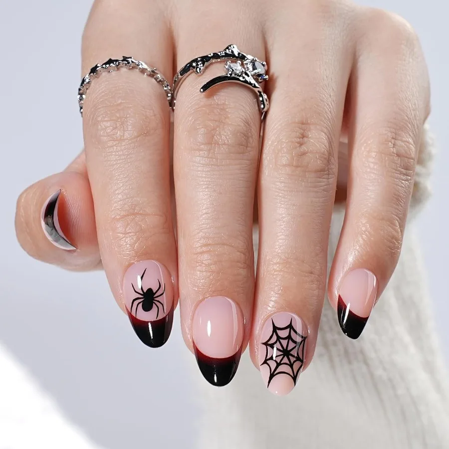 

Halloween Press On Nails Short Almond French Tip Fake Nails with Spider Web Design Reusable Stick On Nails with Glue for Women