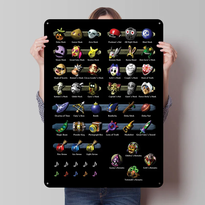 Póster de Metal con máscara de Zelda Majoras, carteles de estaño, cosas para diseño de habitación, letrero de Metal personalizado para decoración artística de pared, decoración Vintage