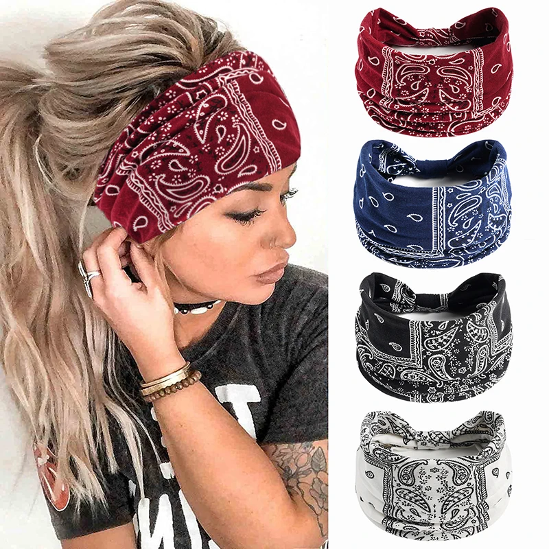 New Boho Flower Print Wide Headbands Vintage Knot Women Headwrap Cotton Stretch Headwrap Bandage Soft Hair Accessories Bandana