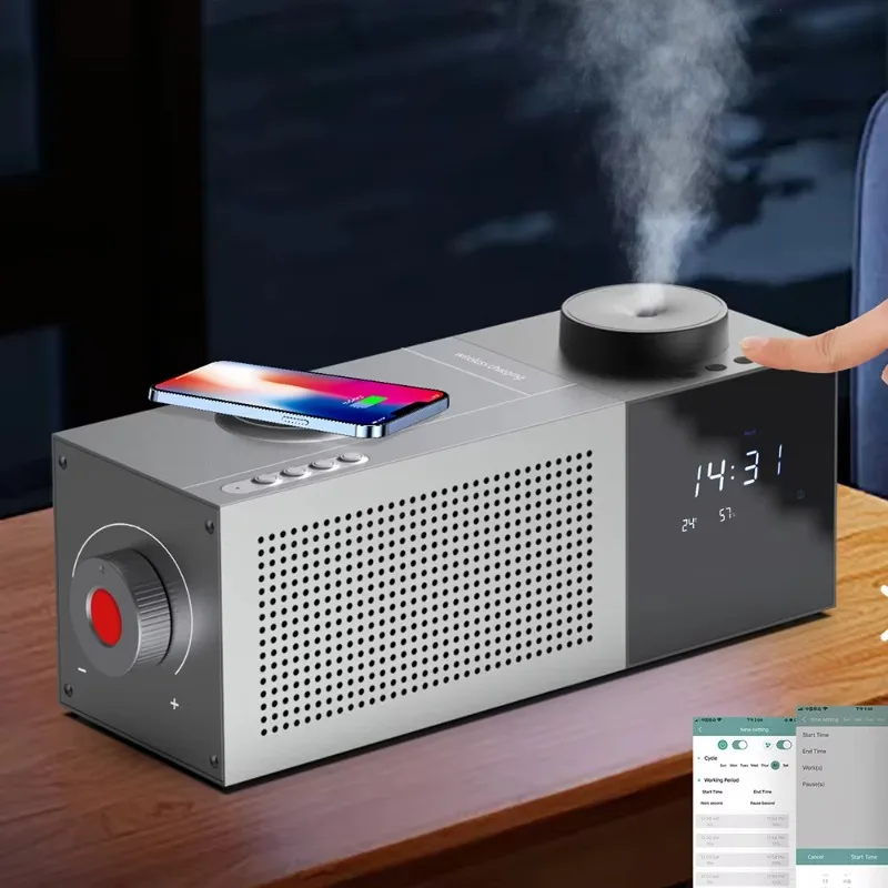 

2025 Smart Home Diffuser Speaker Waterless Unique Aroma Diffuser With Wireless Charging Clock Essential Oil Diffuser