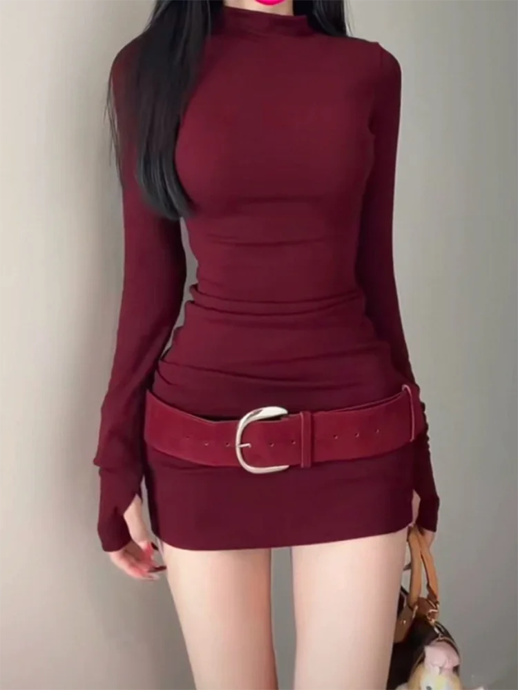Langarm Schlank Bodycon Mini Kleid Frauen Rollkragen Party Weihnachten Kurze Abend Club Outfit Kleider Gürtel Soild Farbe