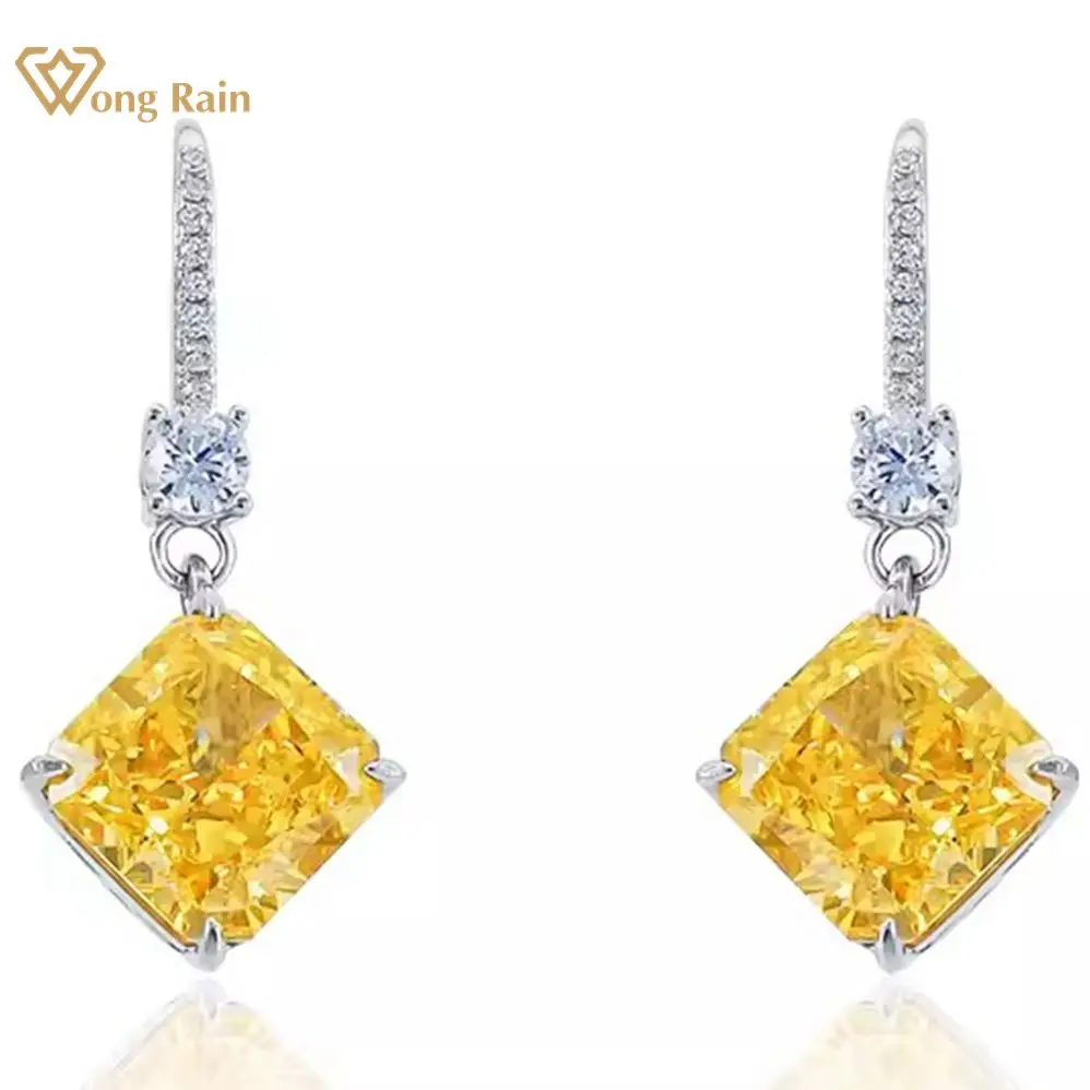 

Wong Rain 925 Sterling Silver 10*10MM Crushed Ice Cut Lab Sapphire Citrine Gemstone Drop Dangle Earrings Wedding Fine Jewelry