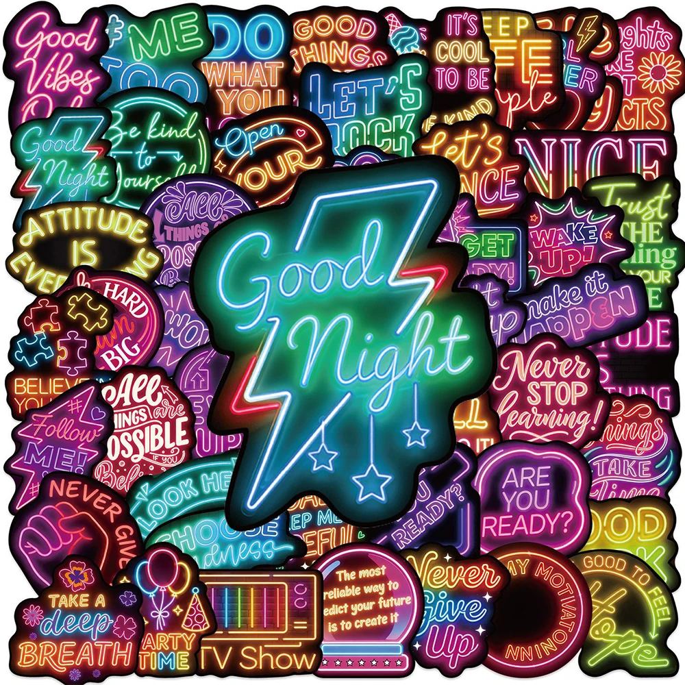 

10/30/50pcs Neon Light Inspirational Phrases Stickers Cute Colorful Graffiti Sticker for Skateboard Phone Aesthetic DIY Sticker