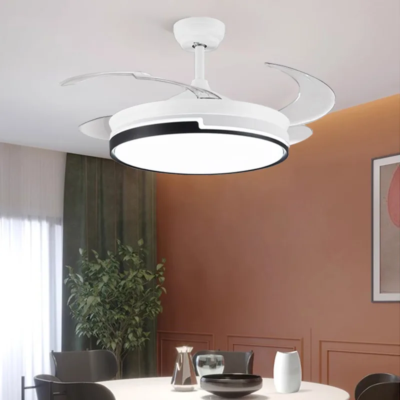 Cool Ceiling Fan with Light Retractable Fan Blades 6 Speed Three-color Light Ceiling Fan with LED Lighting Modern Electric Fan