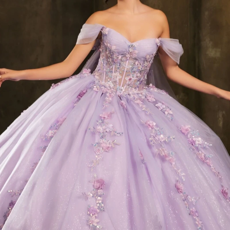 Lilas princesse Quinceanera robes épaules dénudées Applique fleur perles cristal tulle doux 16 robe robe de bal robes 15 Anos