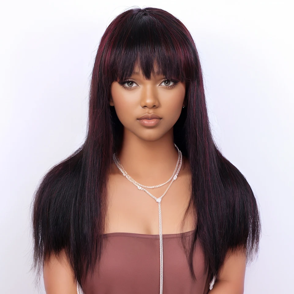 Burgundy Red And Black Hair Bone Straight 100% Human Hair Wigs With Bangs For Women Peruvian Remy Hair Full Machine Made 18 24