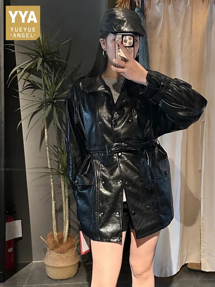 Fashion Autumn Women Double Breasted Belted Waist Mid Long Jacket Moto Biker Windproof Sheepskin Genuine Leather Jackets Outwear