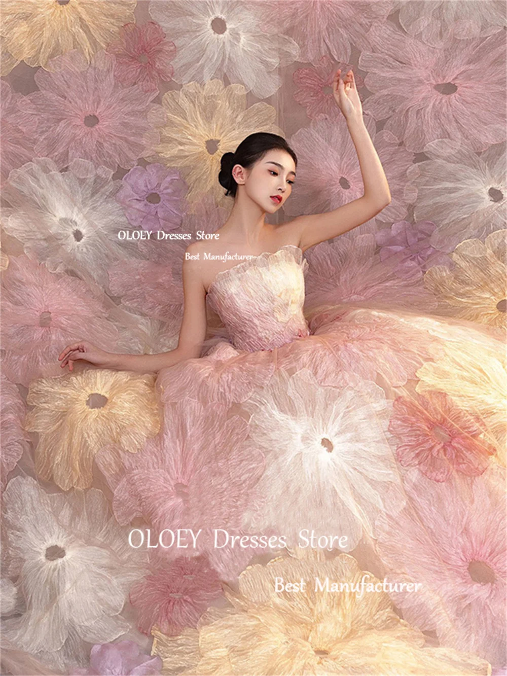 OLOEY Exquisite Floral Prom Dresses Korea Wedding Photoshoot Strapless 3D Flowers Sweep Train Evening Dresses Customized