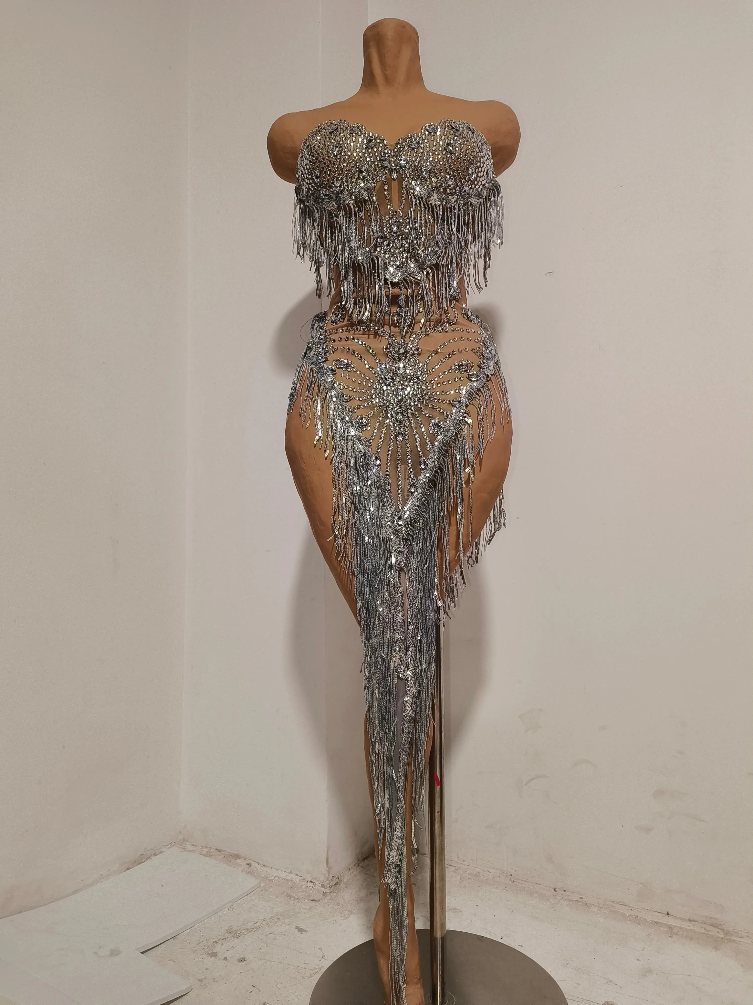 

Glamorous Silver Rhinestone Mesh Dress Long Fringe Sheer Perfect Dancers Raves Nightclub Performances Night Out Streetwear
