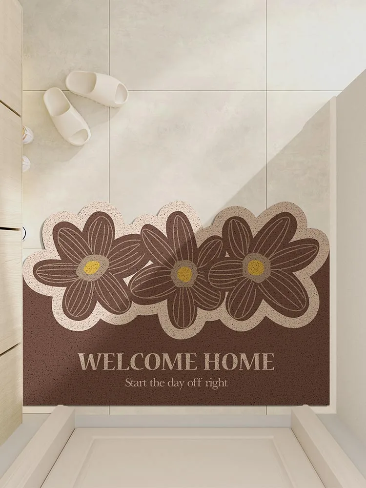 玄関マット-滑り止め-シルク調-円形-泥落とし-砂落とし-ラグ-室内-屋外兼用-シンプルな植物柄