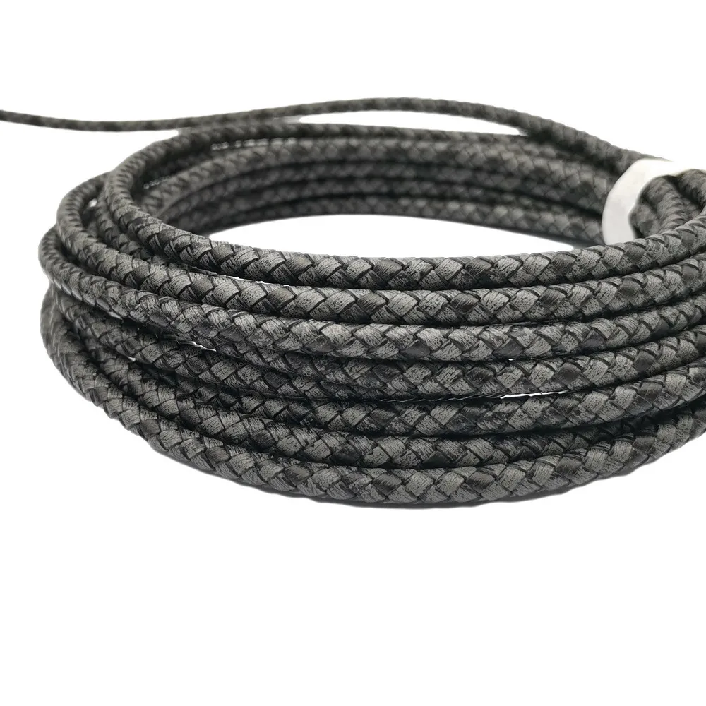 Antique Gray Braided Leather Bolo Cord for Bracelet Making Woven Folded Leather Strap 6.0mm Round