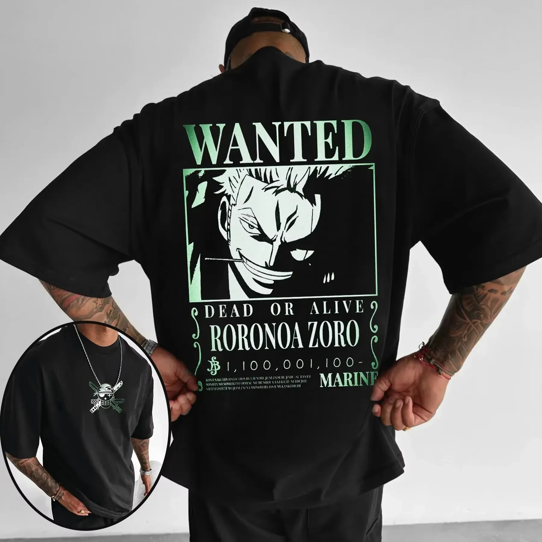 Camiseta extragrande de One Piece con el cartel de "Se busca" de Roronoa Zoro - Con recompensa y mini logo de la bandera pirata, merchandising de anime de moda para fans de la tripulación pirata.