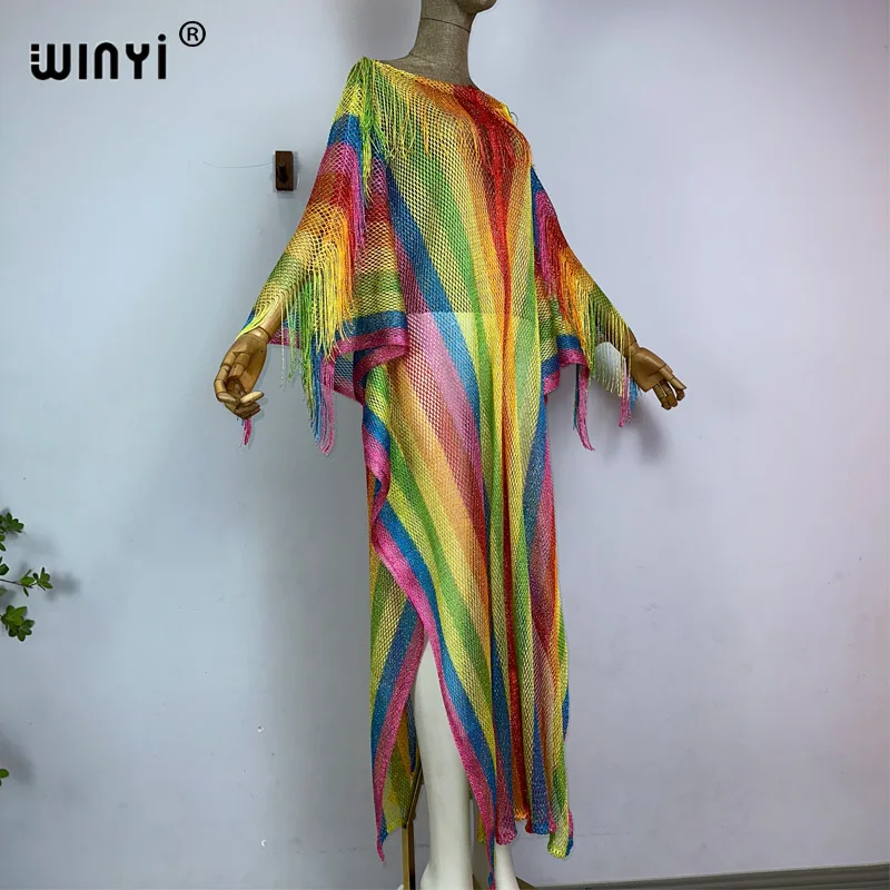 WINYI Golden silk rainbow printing summer perspective sexy tassels long dress Elegant Women Beachwear Swimsuit Cover Up dress