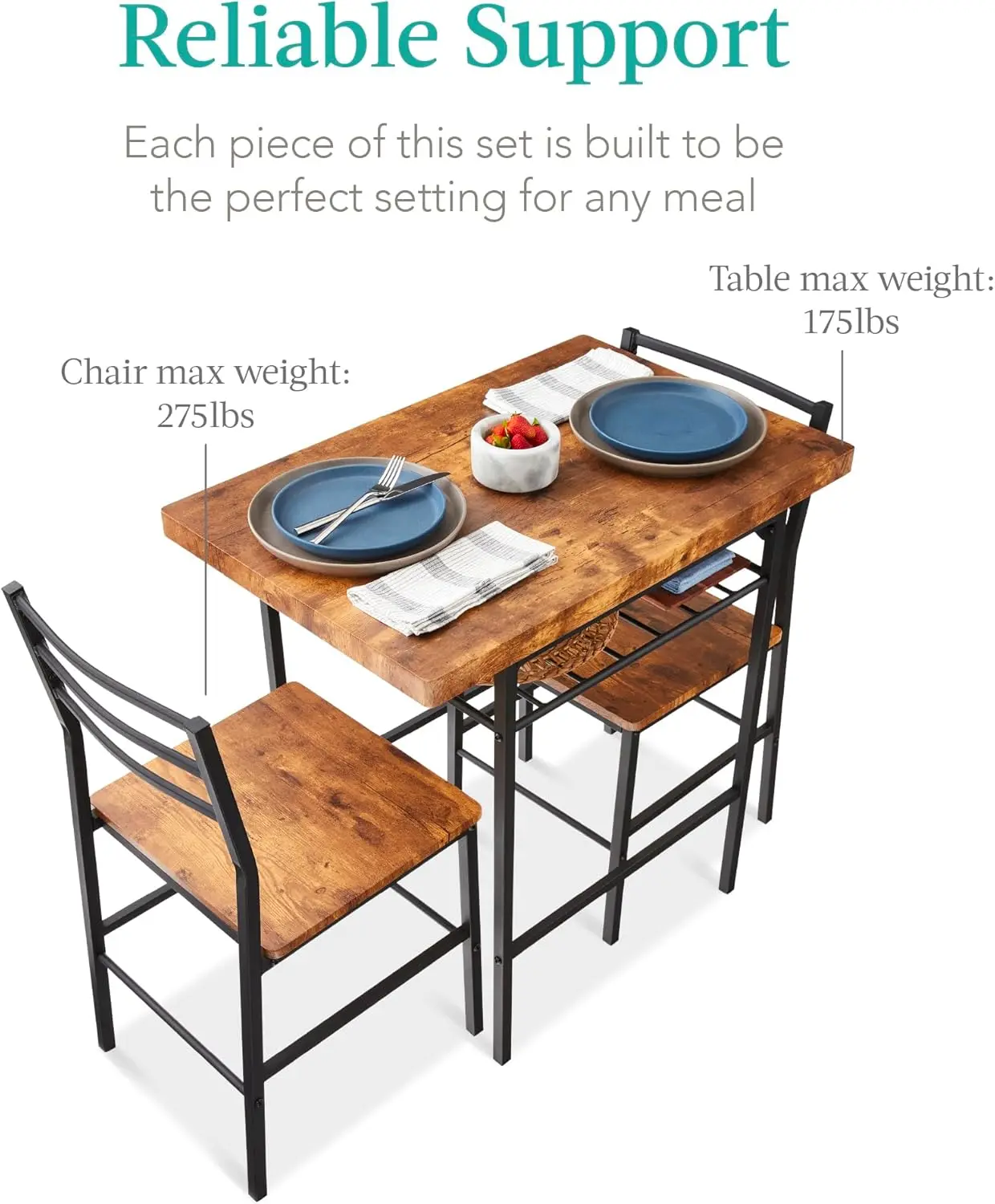 3-Piece Modern Dining Set, Space Saving Dinette for Kitchen, Dining Room,Small Space w/Steel Frame, Built-in Storage Rack Brown