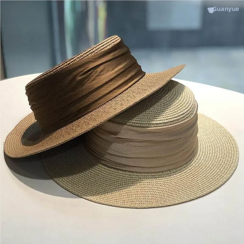 Foldable Ribbon Decorated Flat Top Straw Hat Women's Summer Holiday Outing Sun Protection Fashionable Versatile Japanese Styl...