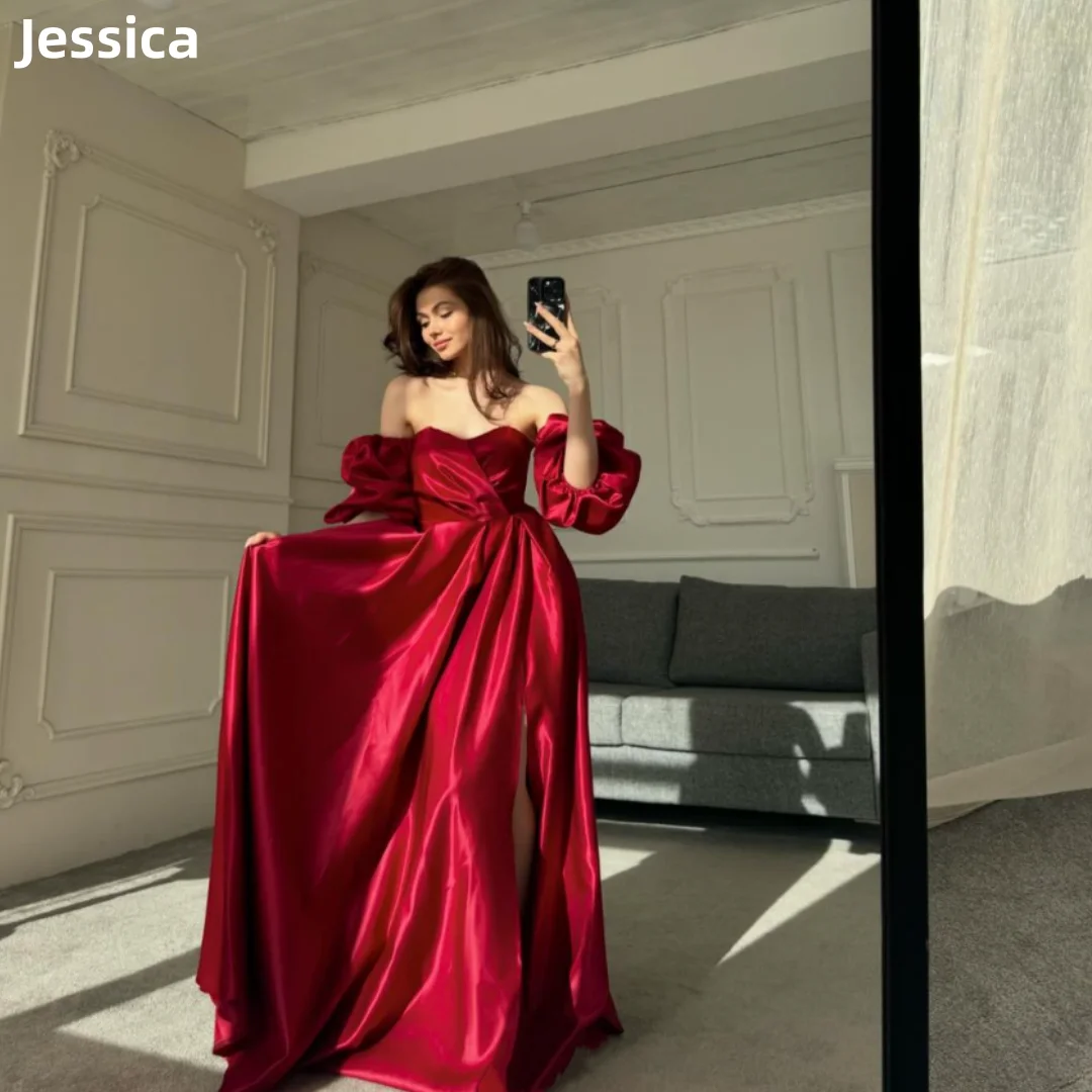 Jessica Red Off-shoulder Prom Dresses Princess Puff Sleeve Satin Evening Dresses A-Shape Party Dress Special Occasion Dresses