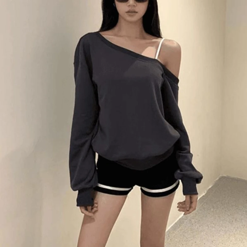 

Long-sleeved off-shoulder sweatshirt feminine Y2K solid color versatile streetwear elegant spring casual Korean style simple