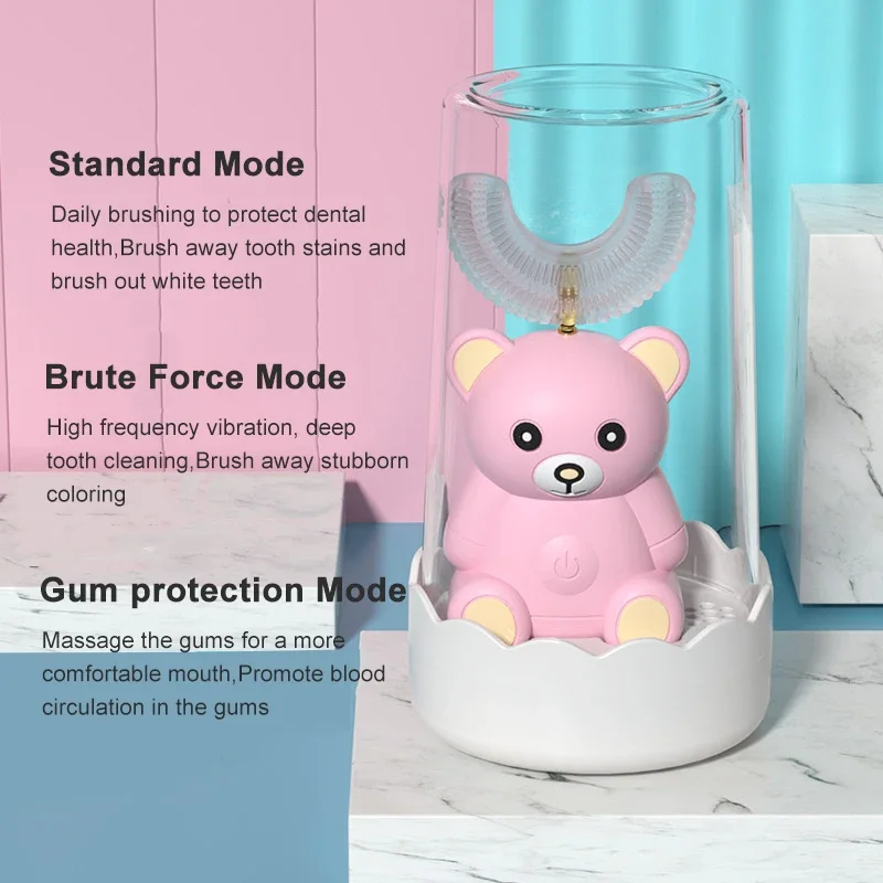 Spazzolino elettrico per bambini 360 gradi U spazzolino elettrico sonico per bambini spazzolino da denti ad ultrasuoni automatico in Silicone orso dei cartoni animati
