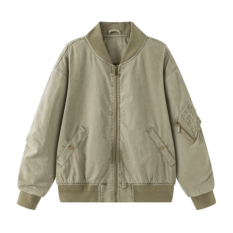 Mens Vintage Washed Workwear Jacket Streetwear Utility Coat with Baseball Collar Relaxed Fit Casual Bomber Outerwear Fall Winter