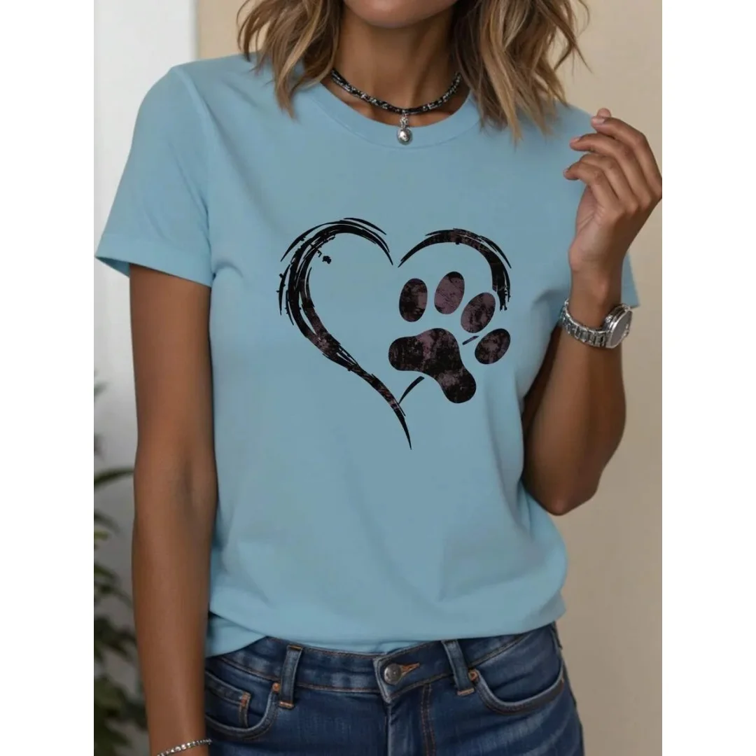 

Cute Cartoon Heart Graphic Printed T-Shirt Casual Short Sleeve Round Neck Top for Women Suitable for Summer Fashion Clothing