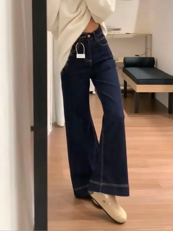 Deep Blue A-Line Flare Denim Jeans for Women Loose plus Size Wide Leg Pants High Waist Pear Shape Body Slimming Fall New Style