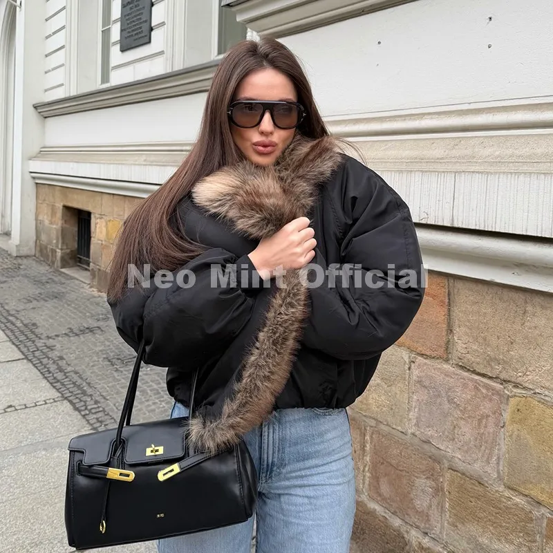 Neo Mint Trendy 2026 Fur Collar Bomber Jacket Women Winter Warm Padded Coat Parkas Luxury Brand Quilted Puffer Jackets Overcoats