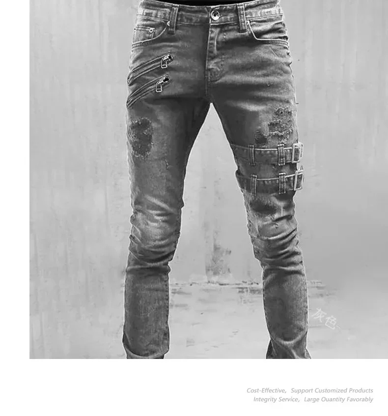 Men Holes Distressed Jeans Pencil Pants Mid Waist Slim Fit Zippers Denim Ankle Length Trousers 2025 Casual Streetwear Denims