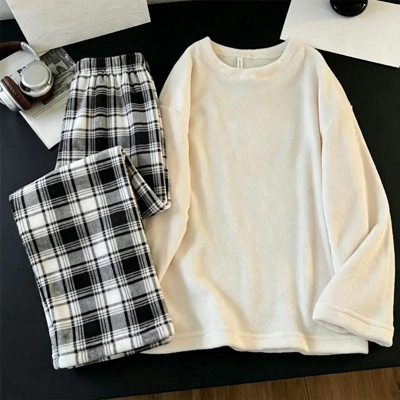 Men Pajamas Winter Crew Neck Simple Warm Cosy Plush 2‑Pieces Sleep Outfit Thick Soft Relaxed Home Loungewear Indoor NightWear