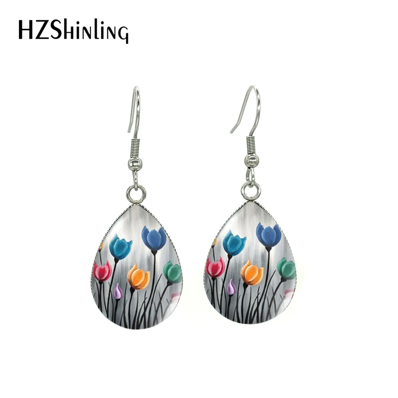 New Arrival Tulip Painting Cute Beauty Blue Red Purple Flowers Tear Drops Fish Hook Dangle Earrings Handmade Jewelry Earrings