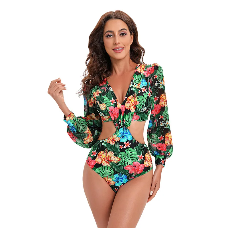

Sexy Mesh One Piece Backless Dress Bikinis Deep V-neck Padded Swimwear Printed Plus Size Long Female Sleeved Swimsuit