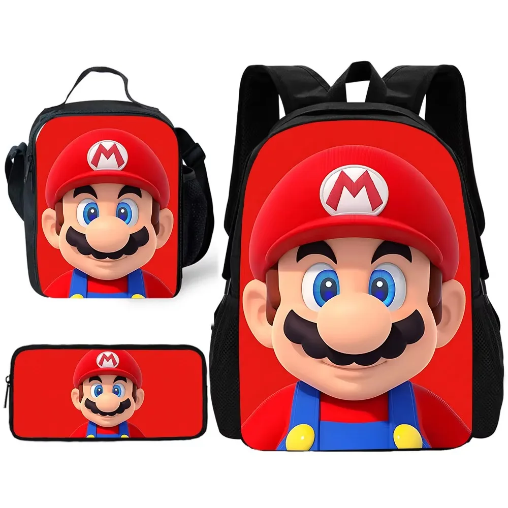 Game Bros 3 pcs set Child School Backpack with Lunch Bags ,Pencil Bags ,School Bags for Boys M-Marios Girls Best Gift Super