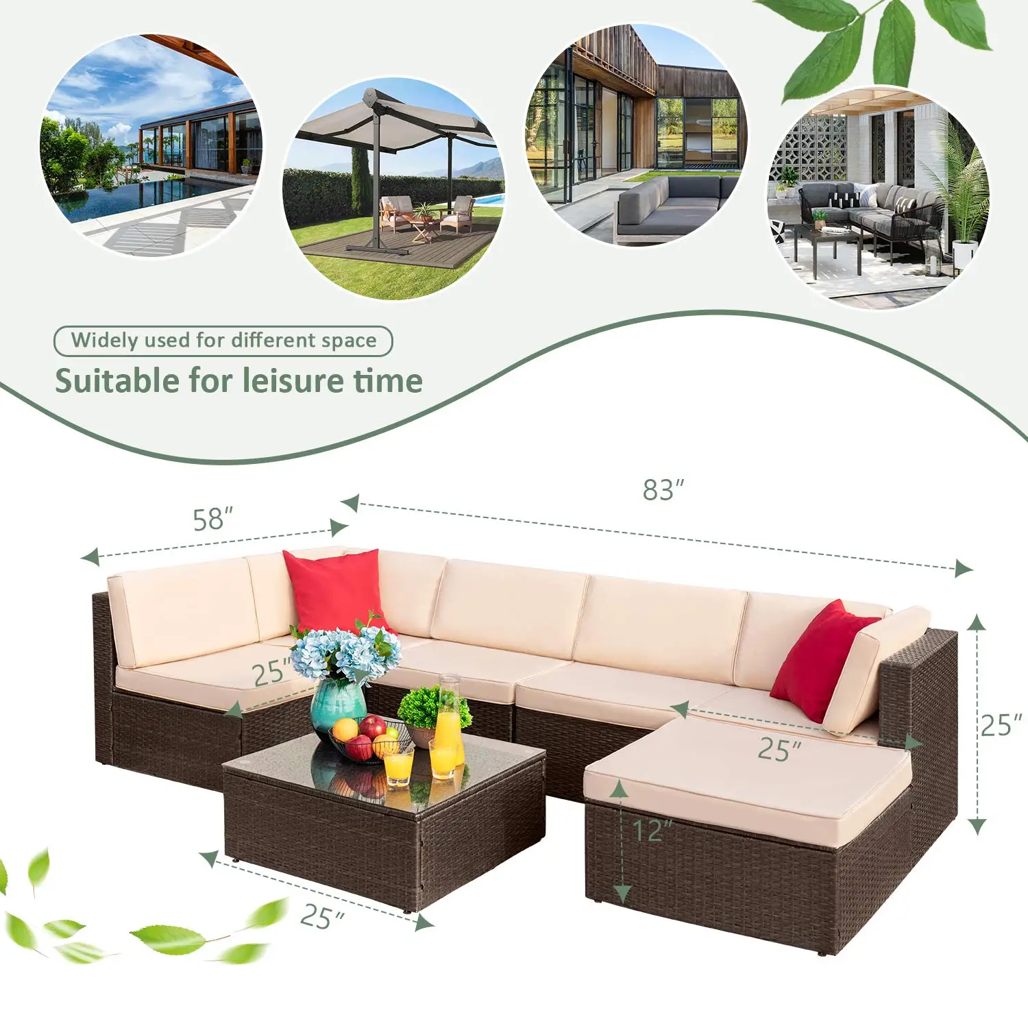 All-Weather Wicker Rattan Outdoor Sectional Sofa Set with Cushions & Glass Table, 7 Pieces, Beige, Customized