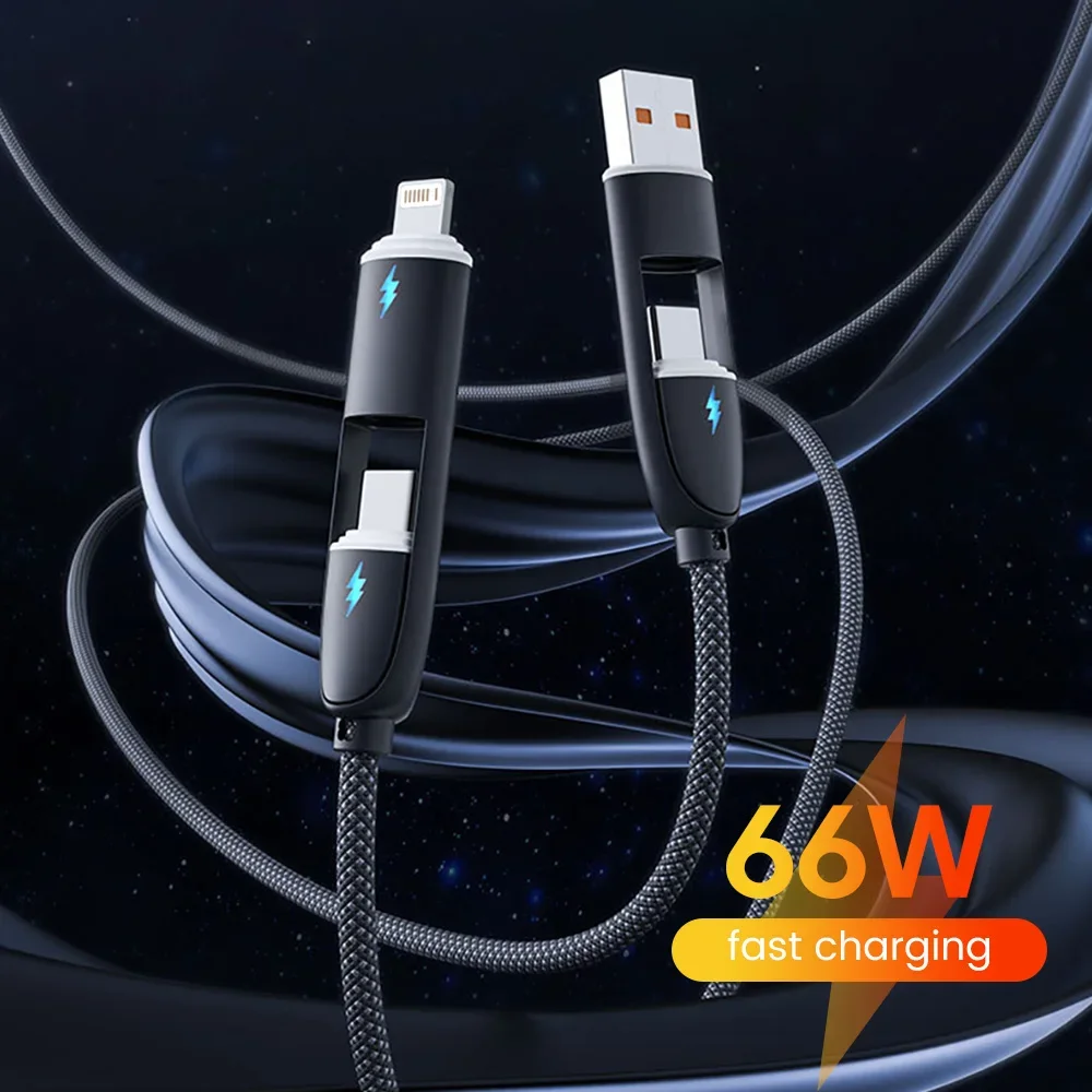 4-in-1 Multifunctional 66W Fast Charging Cable 6A Type C Charger Cord For iPhone15 Pro Max Huawei Xiaomi USB C Data Wire