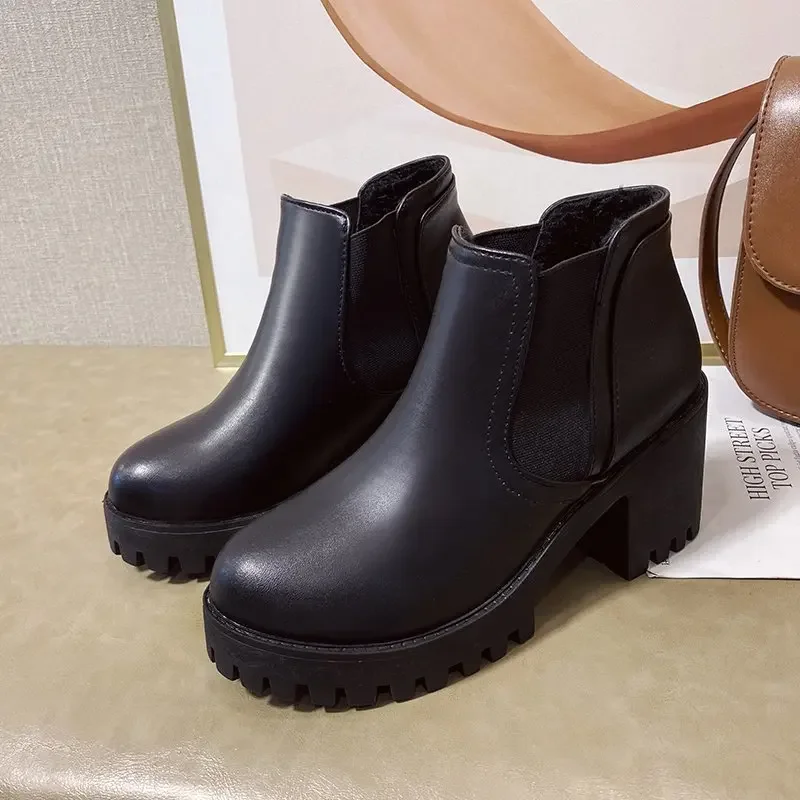 New Hot Winter Botines Casual and Comfortable Black Sexy Elegant Warm Thick Bottom Round Toe Square Heel Short Boots for Women