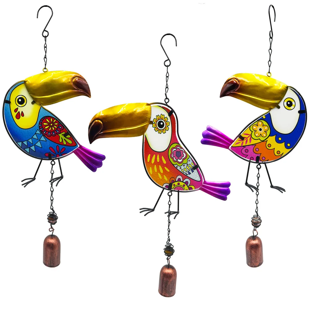 Colorful Toucan Stained Glass Wind Chime Metal Bell Hanging Ornament for Garden Patio Outdoor Home Decor