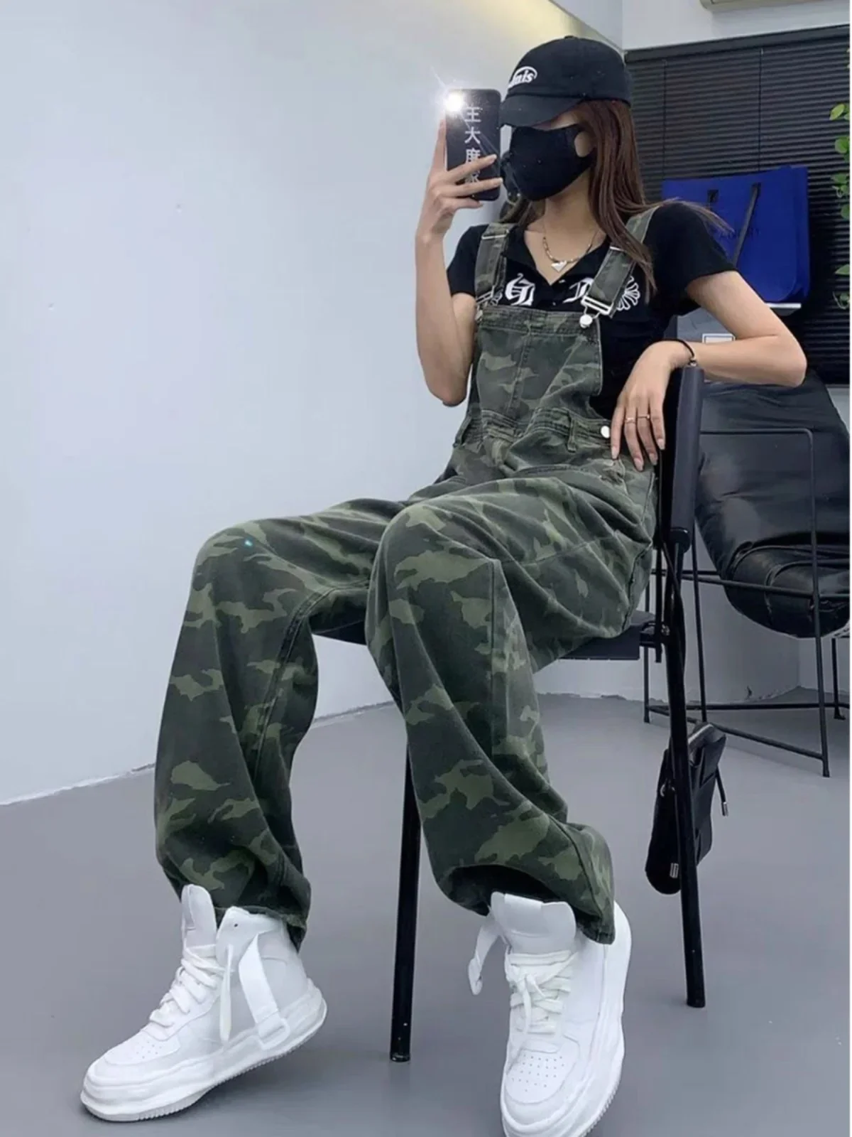 Women's Camouflage Jumpsuits Denim Jumpsuit Y2k Harajuku Overalls Korean Streetwear High Waist Wide Jean Pants 90s Clothes