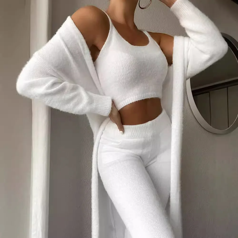 Autumn And Winter Knitted Plush Comfortable Women\'s Suit Sexy V-neck Short Crop Top Cardigan Sweater Trousers Three-piece Set