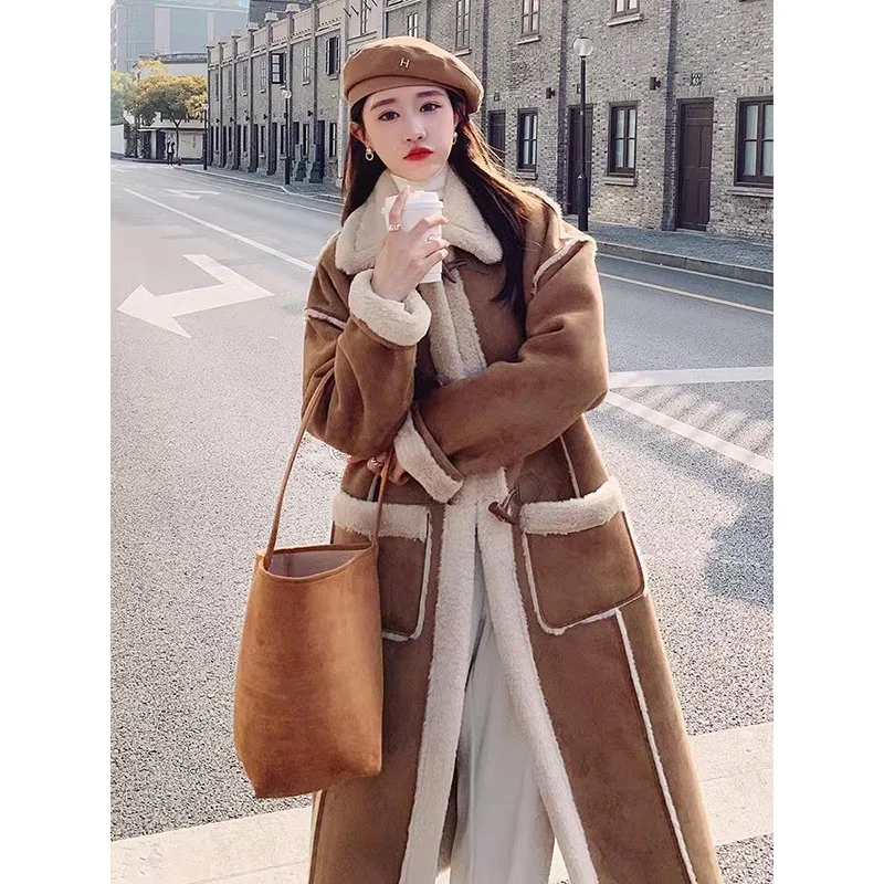 Cow horn buckle temperament suede fur integrated lamb fur coat 2023 winter new over knee long and thickened version