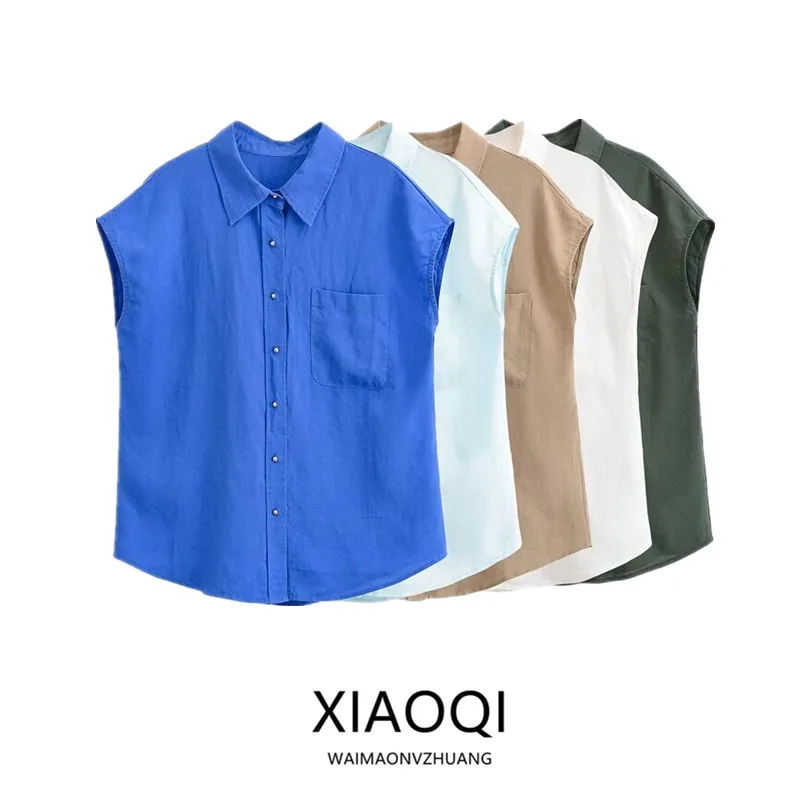 

Summer 2025 Women's Loose Sleeveless Design Versatile Multi-color Short Sleeve Shirt Linen Material Commute Style UV Protection